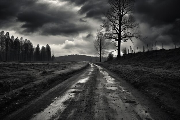 Journey Through Time A Grayscale Photo of a Serene Dirt Road