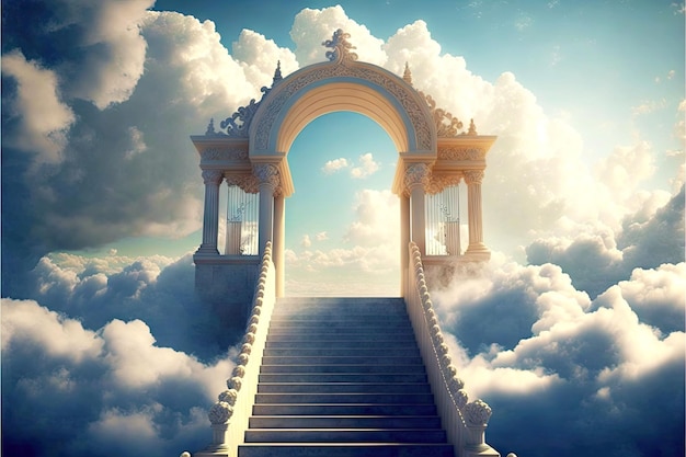 Фото Путешествие в рай, человек, проходящий через огромную арку в конце лестницы на небеса