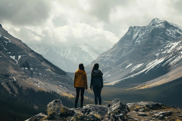 Photo journey together couple embracing the vastness of the mountains