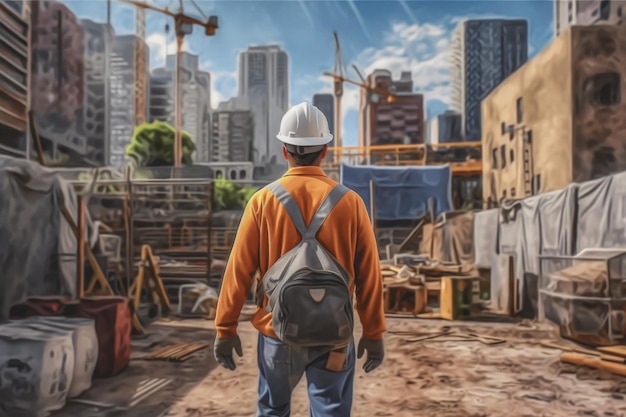 Journey of a worker walking towards skyscraper construction site generative AI