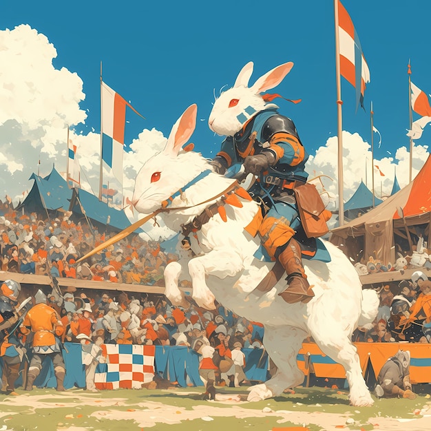 Photo jousting knight riding on a large rabbit