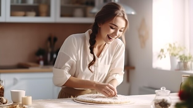 The jovial chef cheerfully grates cheese atop dough before baking delicious pizza and pies in her modern home kitchen