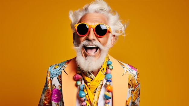 Photo jovial elder gent donning chic attire beaming in a vivid backdrop