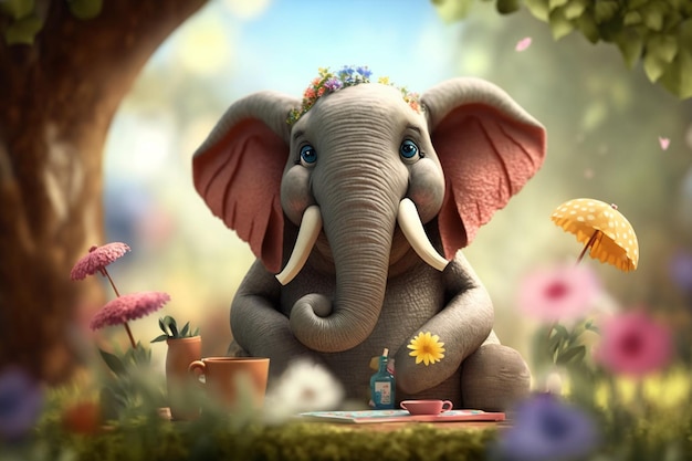 Jovial elephant having a picnic in a flowery meadow