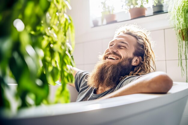 Jovial hipster man bathes in sunlight comfortably lounging in bathtub surrounded by potted greenery