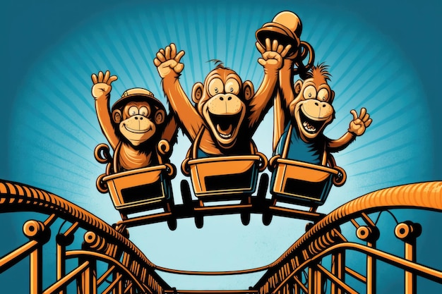 Photo jovial monkeys on a roller coaster against the sky