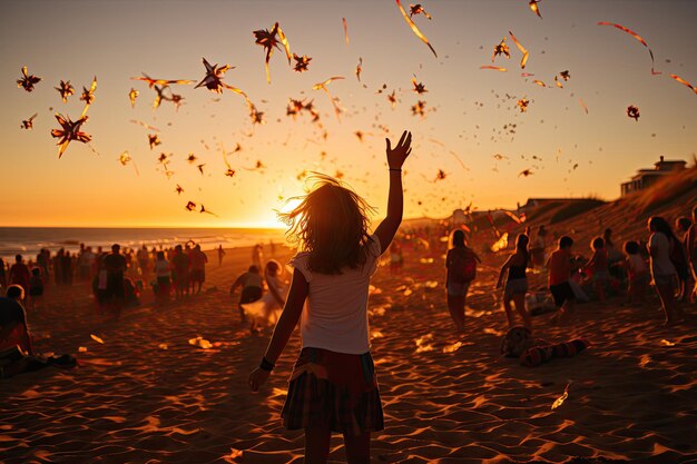 Joy by the sea: People celebrating with laughs, hugs and colorful kites., generative IA