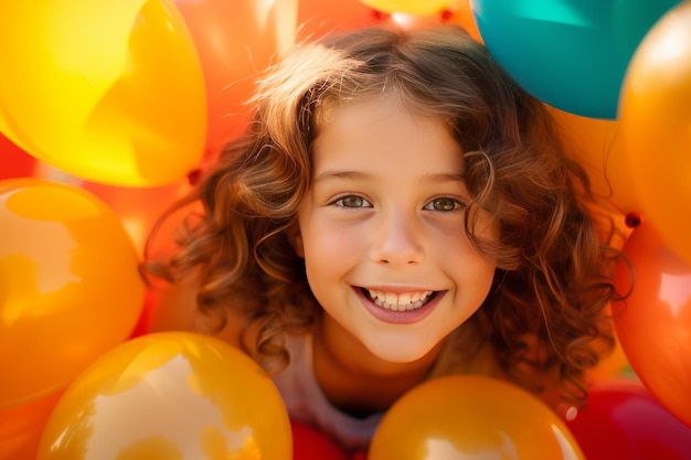 The joy and excitement of a child girl playing with balloons close up shot