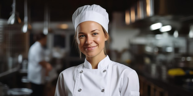 여성 요리사 의 미소 에 보이는 기 과 만족 은 하게 느진다