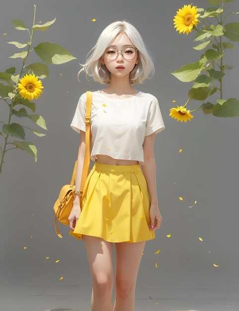 Photo joy girl glasses in yellow with sunflower