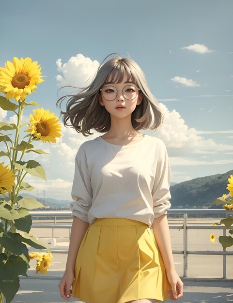 Photo joy girl glasses in yellow with sunflower