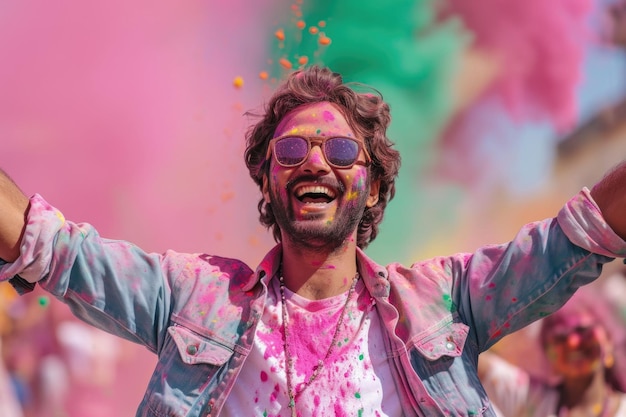 Joy personified with a beaming smile amidst a flurry of festival colors