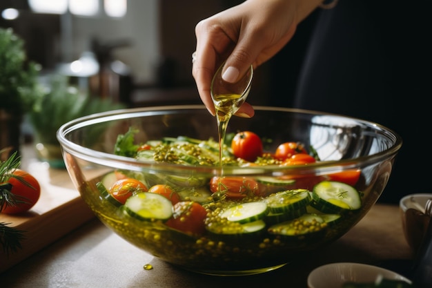 Photo the joy of preparing and relishing a nutritious homemade vegetarian vegetable salad a closeup delig