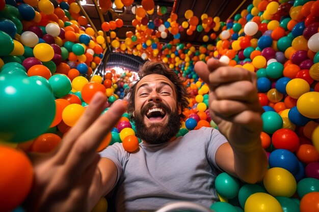 Joy Unleashed Man Juggles Work Calls in Childlike Ball Pit Play