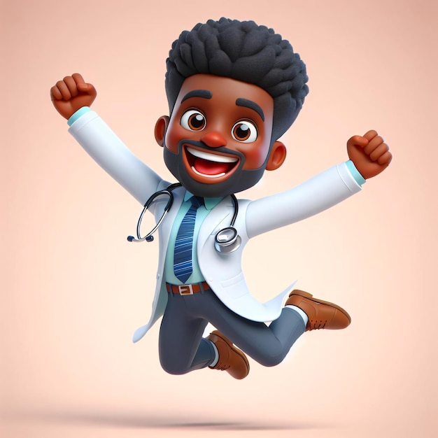 Joyful 3D animated physician leaps happily cartoon animation vivid colors