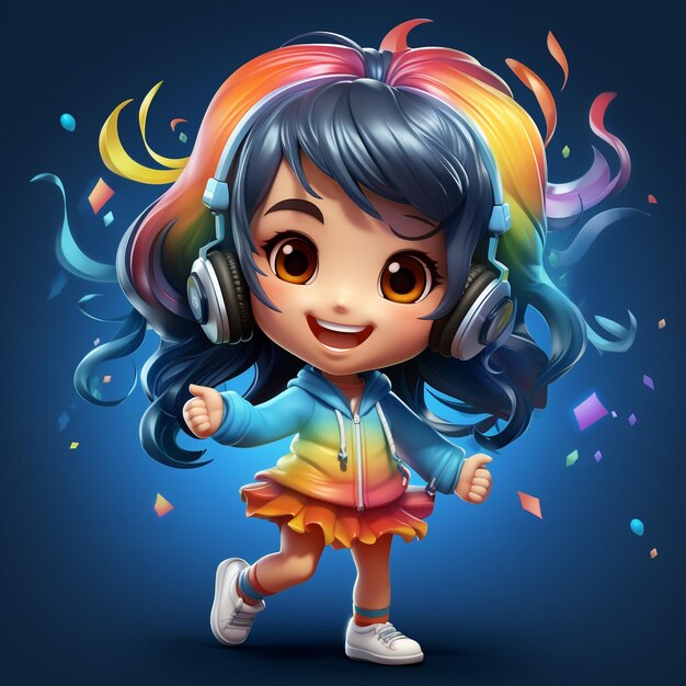 Joyful 3D chibi girl with headphones vector style dancing under rainbow mascot