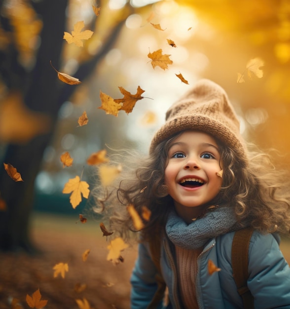 즐거운 5살 소녀는 흐릿한 가을의 공원 배경에서 떨어지는 다채로운 잎을 경이롭게 바라보고 있습니다.