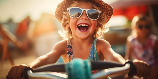 A joyful 9 yo boy races on his bicycle his smile shining like the sun