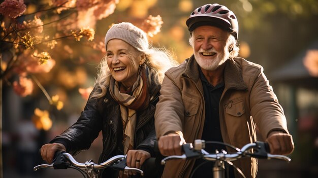 A joyful active older couple enjoying themselves on a bicycle in a public park generative ai