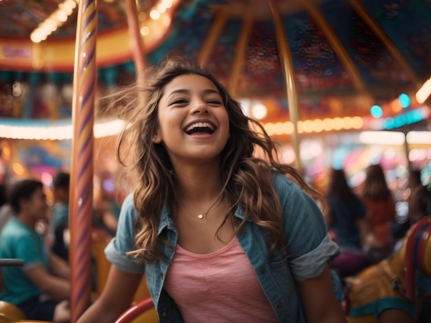 Photo joyful adventure a vibrant 4k capture of a young girl delightfully expressing excitement on a colo