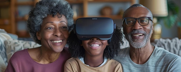 Joyful African American Grandparents and Grandchild with VR Headsets at Home