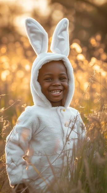 Joyful african american kid in easter bunny costume laughing in spring meadow