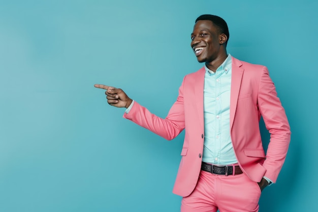 Joyful African American man pointing to the side Handsome young Black man in a pink suit standing