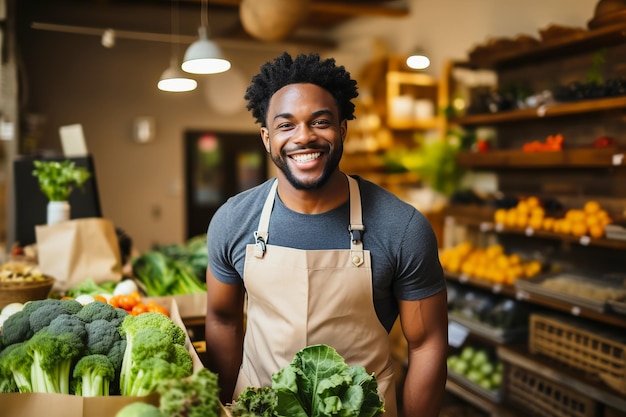 Joyful african american seller man working in vegetable shop