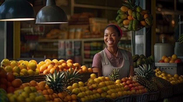 Joyful african american seller woman working in fruit shop generative ai