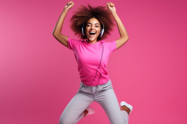 Joyful african american woman dancing and smiling