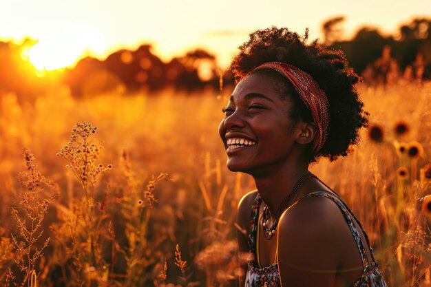 Joyful african american woman on sunset field