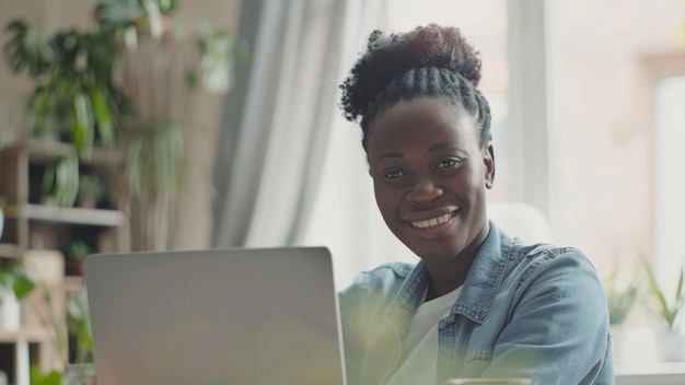 A joyful African American woman working on her laptop