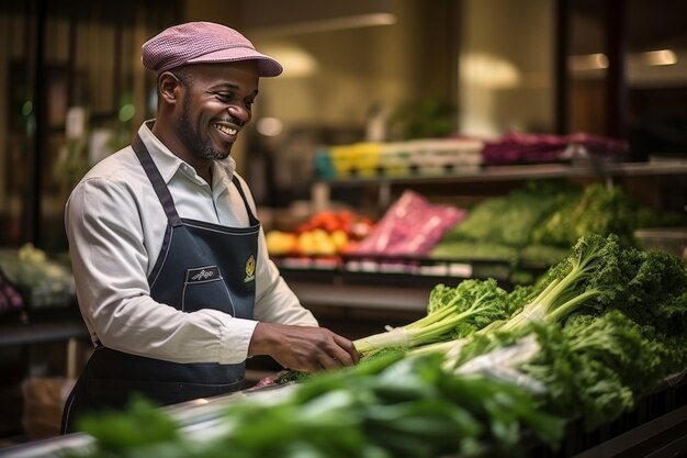 Foto un gioioso venditore afroamericano seleziona le verdure in un negozio di verdure per un cliente