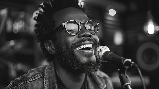 Joyful Afro American Man Singing Passionately into Microphone