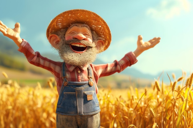 Радостный анимированный пожилой фермерский персонаж с соломенной шляпой, стоящий на золотом пшеничном поле, приветствующий с открытыми руками