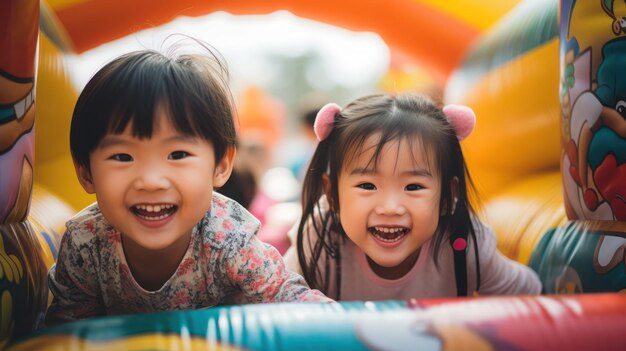 Photo joyful asian kids on inflatable bounce house happy asian boy and girl enjoying playtime fun
