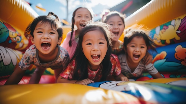 Joyful asian kids on inflatable bounce house happy asian boy and girl enjoying playtime fun