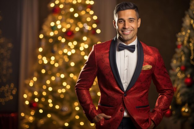 Joyful asian man in festive attire captured amidst a sparkling golden christmas studio backdrop