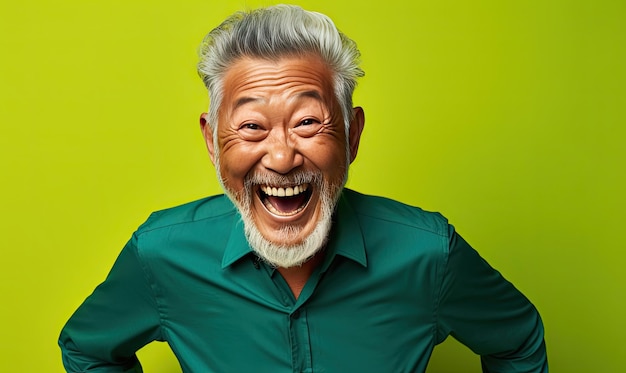 写真 喜びに満ちたアジア人男性が心から笑います彼の活発な緑色の衣装は茂った背景と融合しています