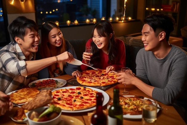 Joyful Asian Pizza Party Happy Young People Enjoying Dinner Together Generative Ai