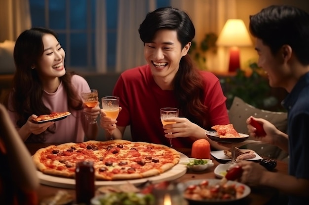 Радостная Азиатская Вечеринка Пиццы Счастливые Молодые Люди Наслаждаются Ужином Вместе Генеративный Ай