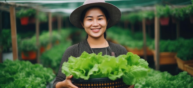 사진 신선하고 활기찬 수확 채소를 선보이는 기쁜 아시아 여성