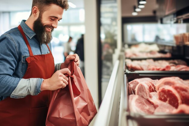 Joyful attractive salesman working in butcher shop