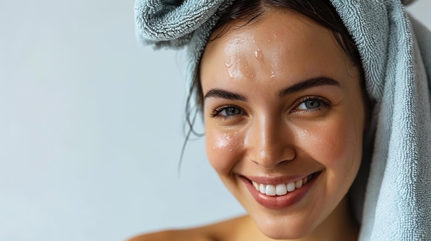 Joyful attractive young woman after bath with towel on head