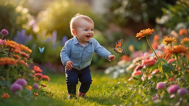 Photo a joyful baby boy playing in a sunlit garden