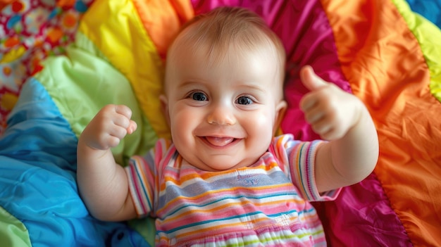 Photo joyful baby giving thumbs up wrapped in a white fluffy blanket