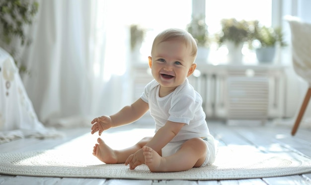 Joyful baby sitting on floor at home