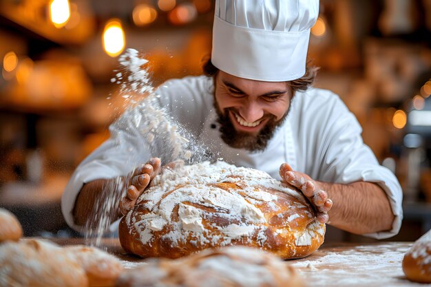 Фото Радостный пекарь клеет свежий хлеб в кустарной пекарне кулинарные ремесла домашний профессиональный шеф-повар