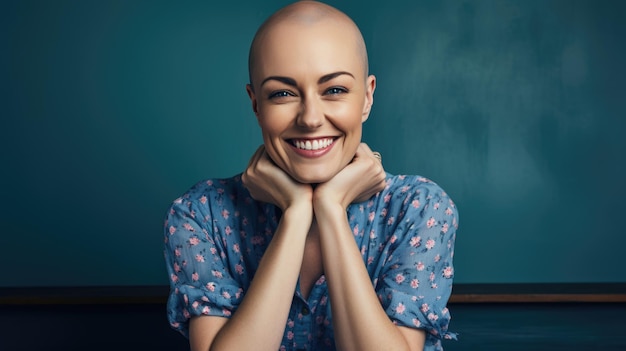 Joyful bald woman cancer patient smiling confidently at the camera