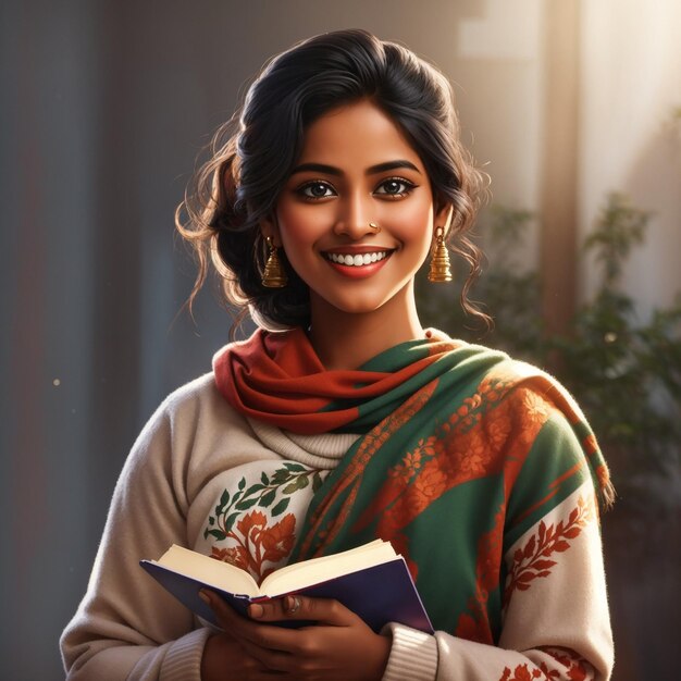 a joyful Bangladeshi woman wearing a sweater